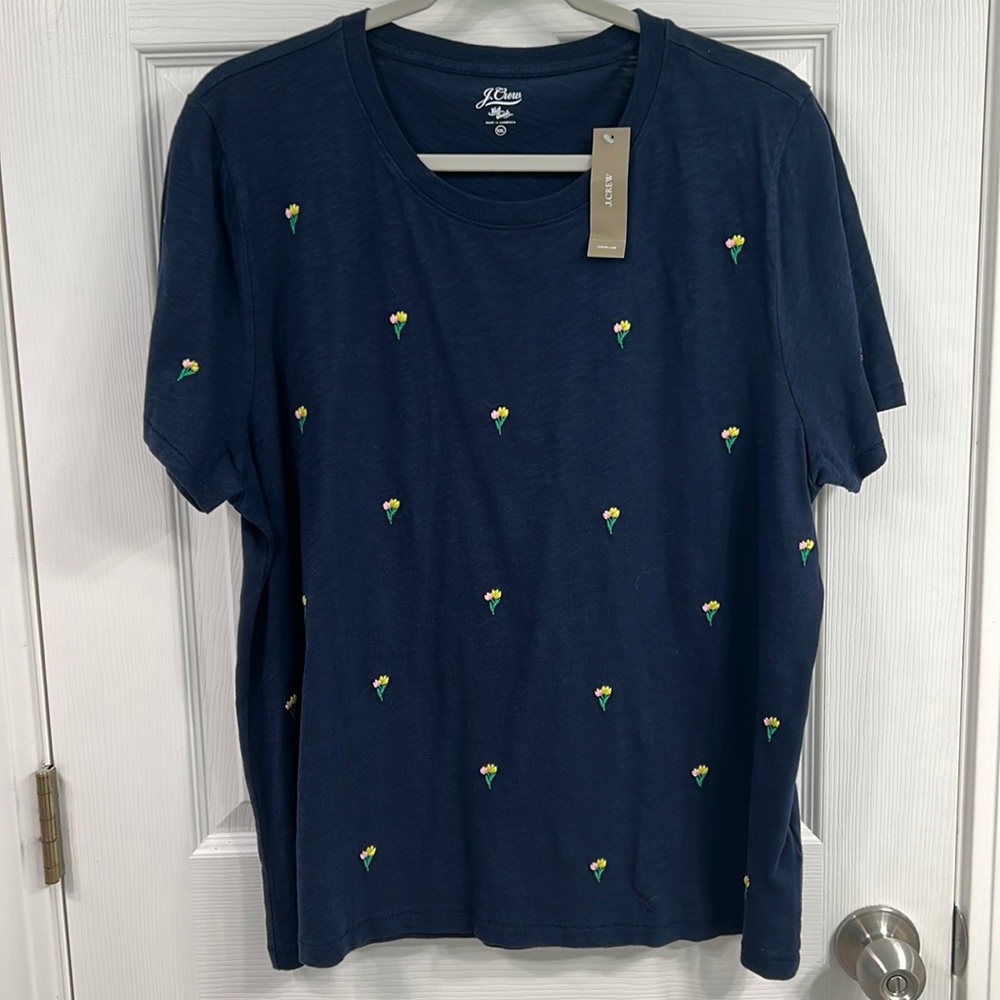 NWT J. Crew Navy Tee with embroidered flowers.  Size XXL.